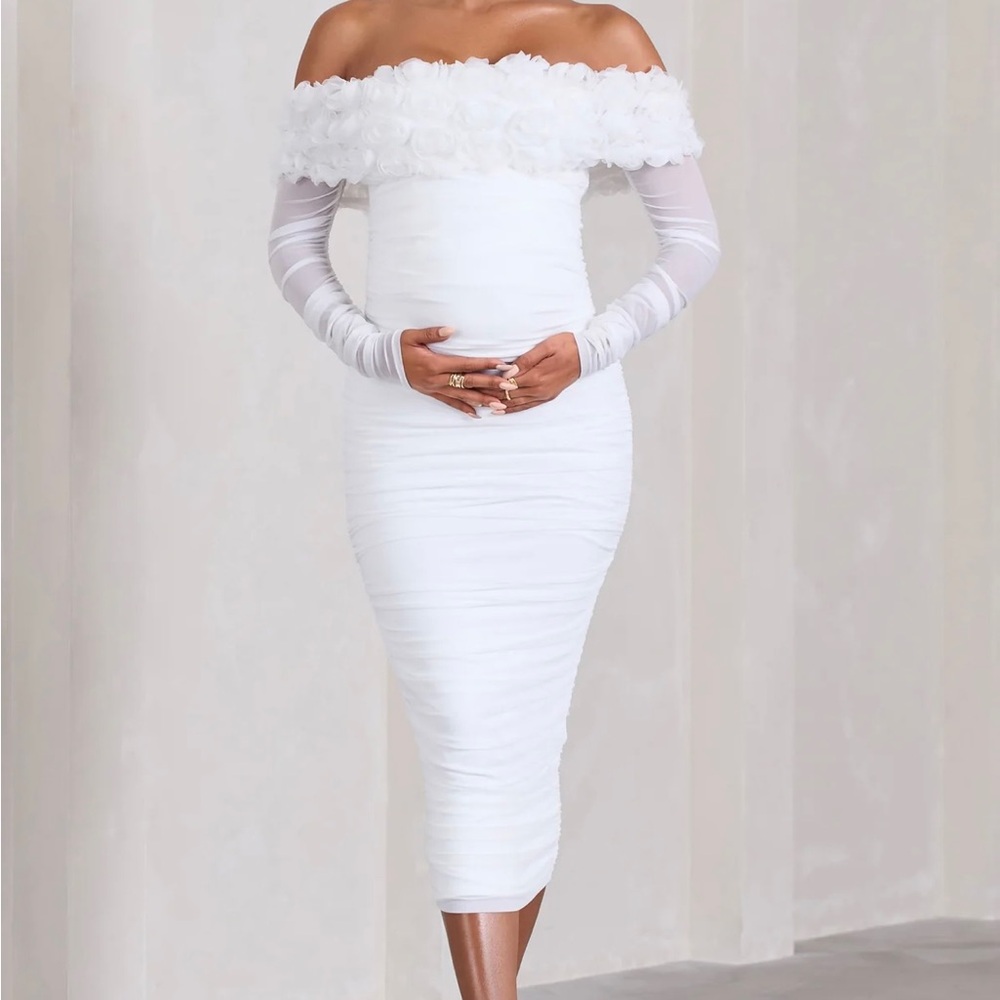 COPY - Club L London WHITE MESH FLORAL BARDOT MATERNITY MIDI DRESS
